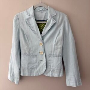 Boden Light Blue‎ 100% Linen Blazer Pick Stitch Polka Dot Lining WE250 US 2